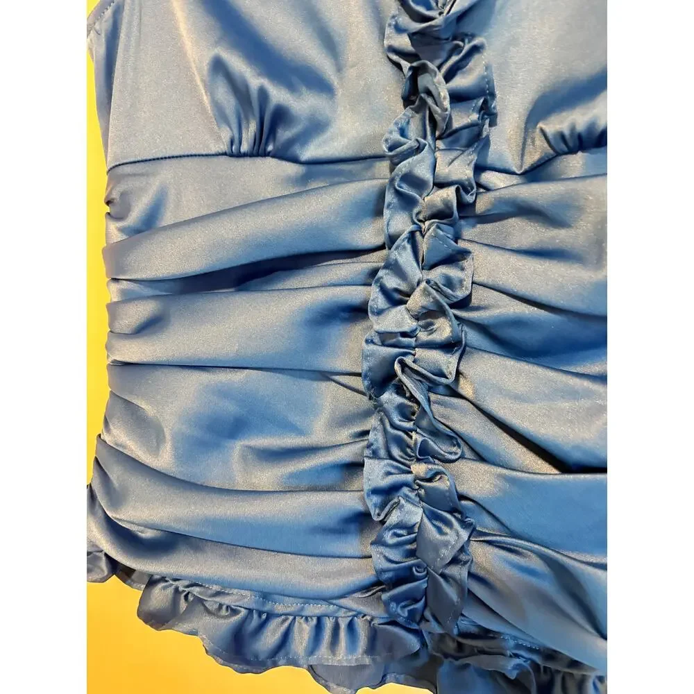 Dressbarn Collection Blue Satin Sleeveless Ruffle Blouse Ruched 6 Regency Y2k